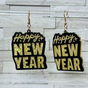 Happy New Year Black & Gold Acrylic Dangle Earrings on Wire Hanger